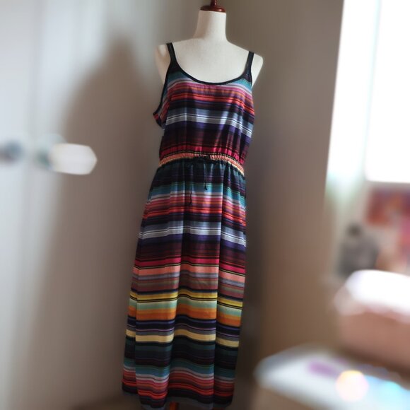 Athleta Havana Midi Rainbow Stripe Dress Womens L Festival Summer Travel - Picture 2 of 7